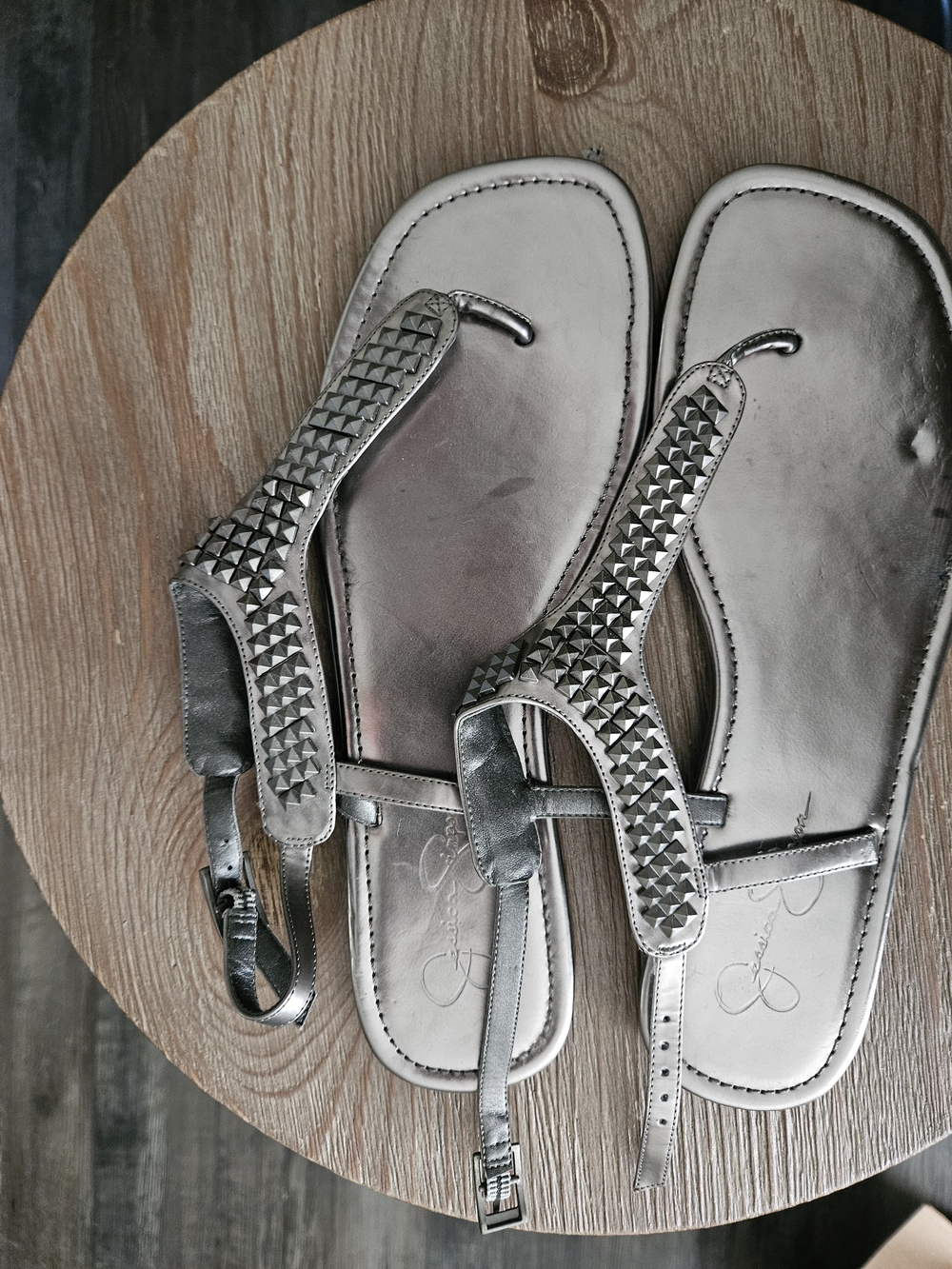 Jessica Simpson Metallic Silver Studded T-Strap Sandals